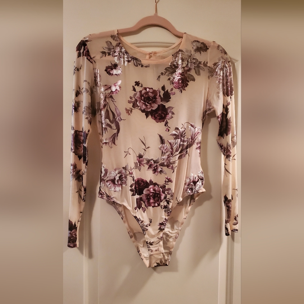 Charlotte Russe Cream and Purple Floral Bodysuit